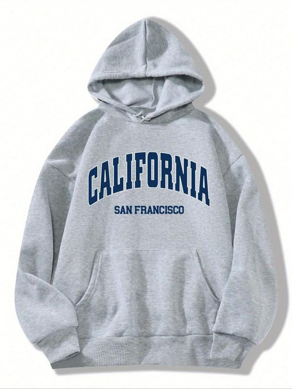 Women's Letter Print Drop Shoulder Hoodie, Fashion Casual Drawstring Pocket Hooded Sweatshirt for Daily Holiday Outdoor...