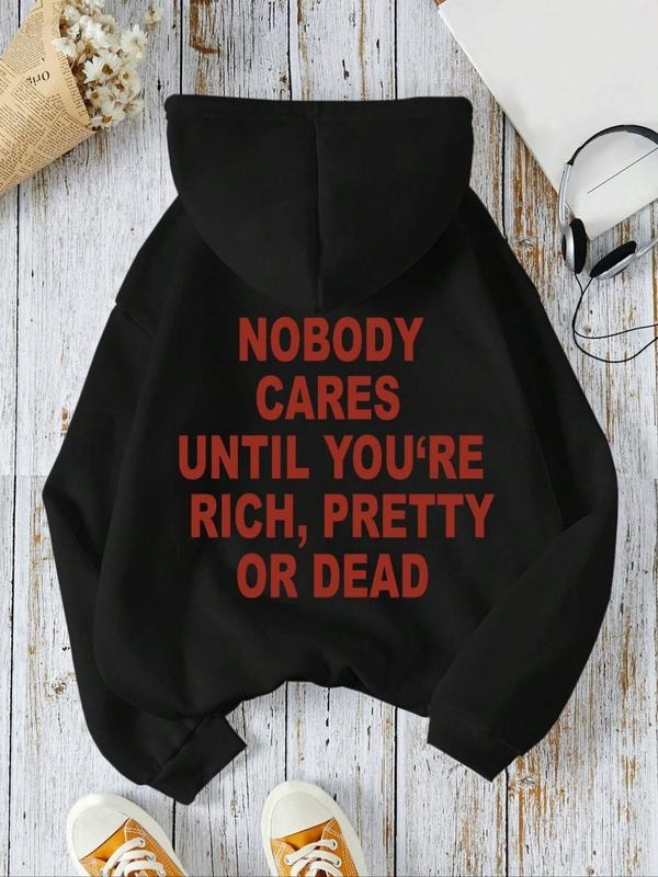 Women's Letter Print Drop Shoulder Hoodie, Fashion Casual Drawstring Pocket Hooded Sweatshirt for Daily Holiday Outdoor...