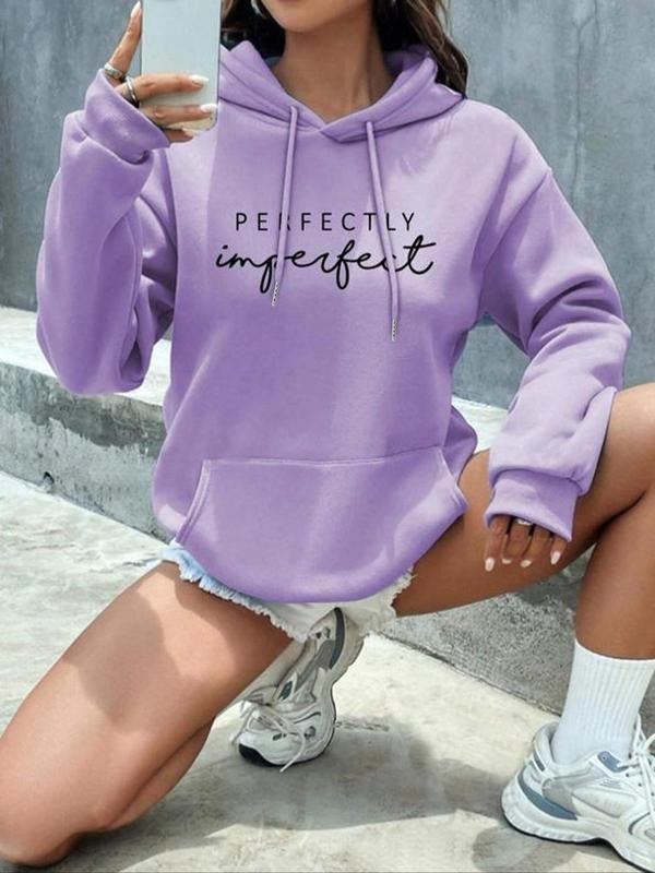 Women's Letter Print Drop Shoulder Hoodie, Fashion Casual Drawstring Pocket Hooded Sweatshirt for Daily Holiday Outdoor...
