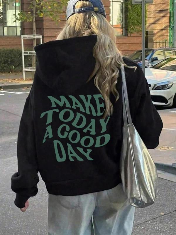 Women's Letter Print Drop Shoulder Hoodie, Fashion Casual Drawstring Pocket Hooded Sweatshirt for Daily Holiday Outdoor...