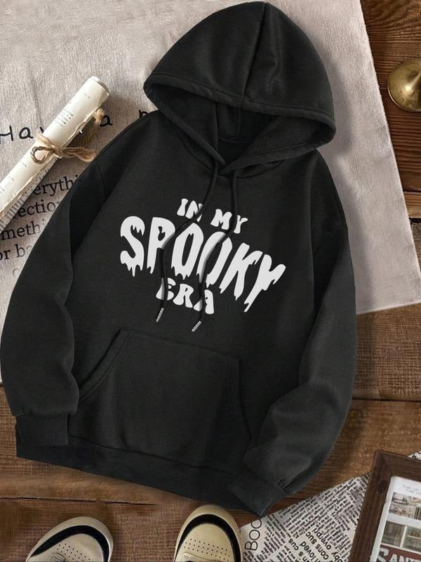Women's Letter Print Drop Shoulder Hoodie, Fashion Casual Drawstring Pocket Hooded Sweatshirt for Daily Holiday Outdoor...