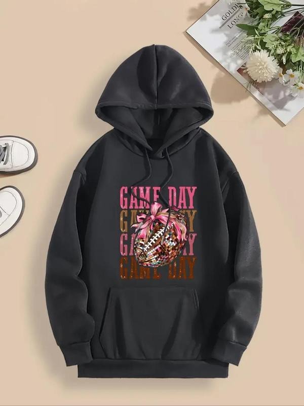 Women's Letter Print Drop Shoulder Hoodie, Fashion Casual Drawstring Pocket Hooded Sweatshirt for Daily Holiday Outdoor...