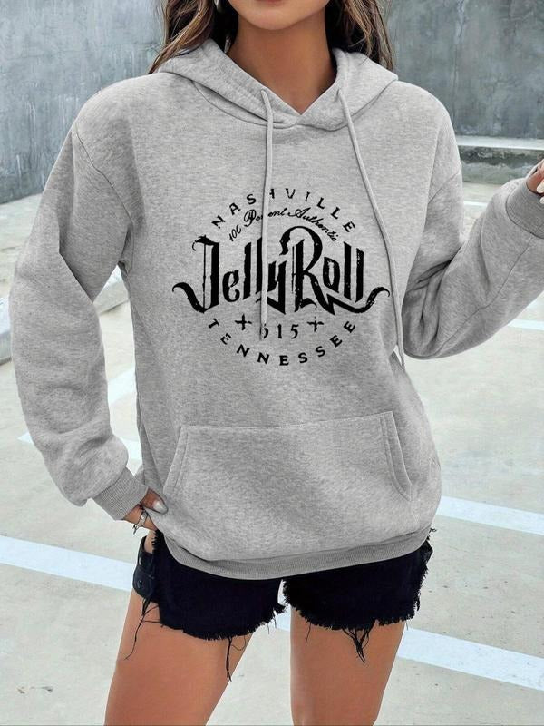 Women's Letter Print Drop Shoulder Hoodie, Fashion Casual Drawstring Pocket Hooded Sweatshirt for Daily Holiday Outdoor...
