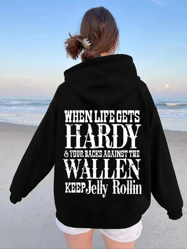 Women's Letter Print Drop Shoulder Hoodie, Fashion Casual Drawstring Pocket Hooded Sweatshirt for Daily Holiday Outdoor...