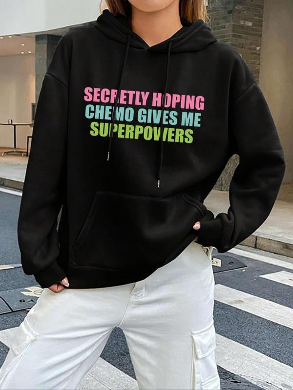 Women's Letter Print Drop Shoulder Hoodie, Fashion Casual Drawstring Pocket Hooded Sweatshirt for Daily Holiday Outdoor...