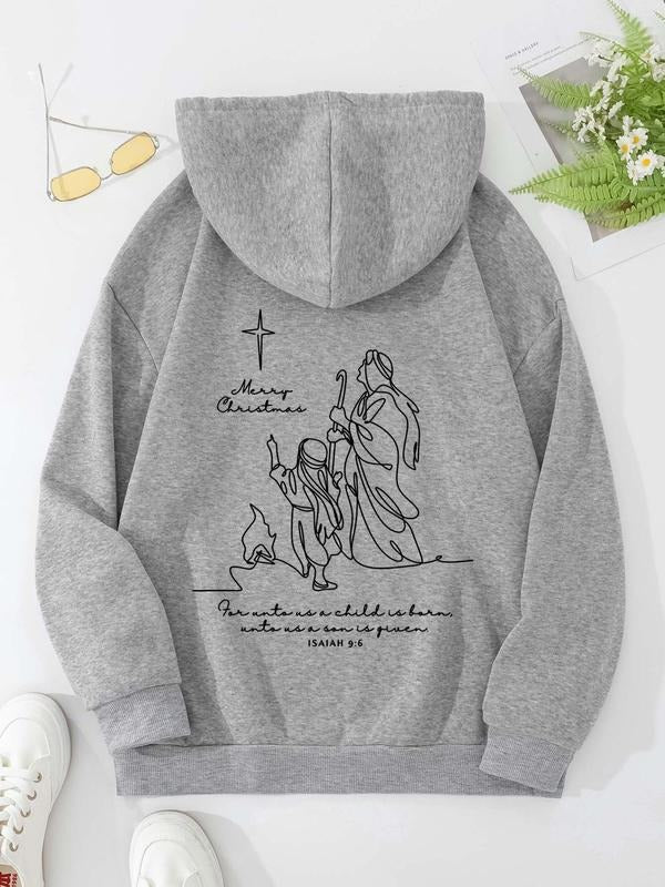 Women's Letter Print Drop Shoulder Hoodie, Fashion Casual Drawstring Pocket Hooded Sweatshirt for Daily Holiday Outdoor...