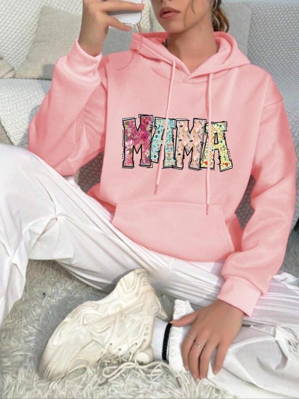 Women's Letter Print Drop Shoulder Hoodie, Fashion Casual Drawstring Pocket Hooded Sweatshirt for Daily Holiday Outdoor...