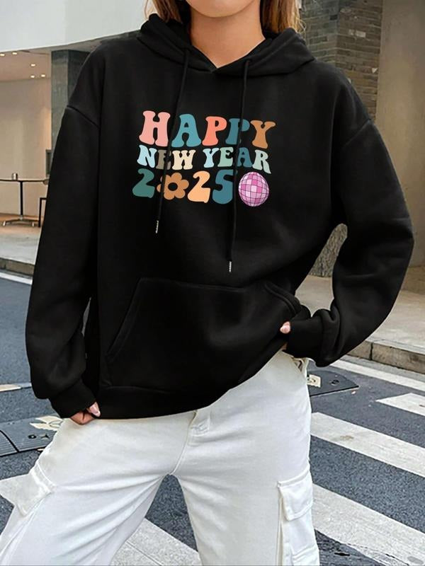 Women's Letter Print Drop Shoulder Hoodie, Fashion Casual Drawstring Pocket Hooded Sweatshirt for Daily Holiday Outdoor...