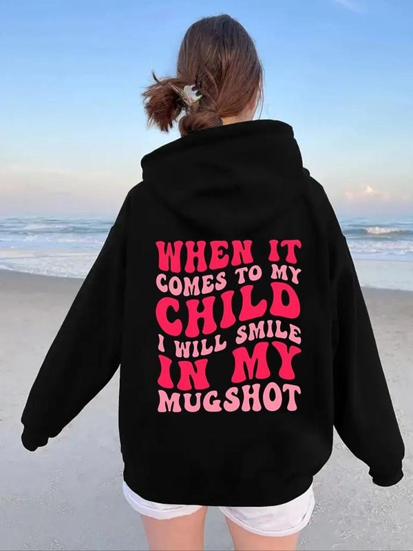 Women's Letter Print Drop Shoulder Hoodie, Fashion Casual Drawstring Pocket Hooded Sweatshirt for Daily Holiday Outdoor...