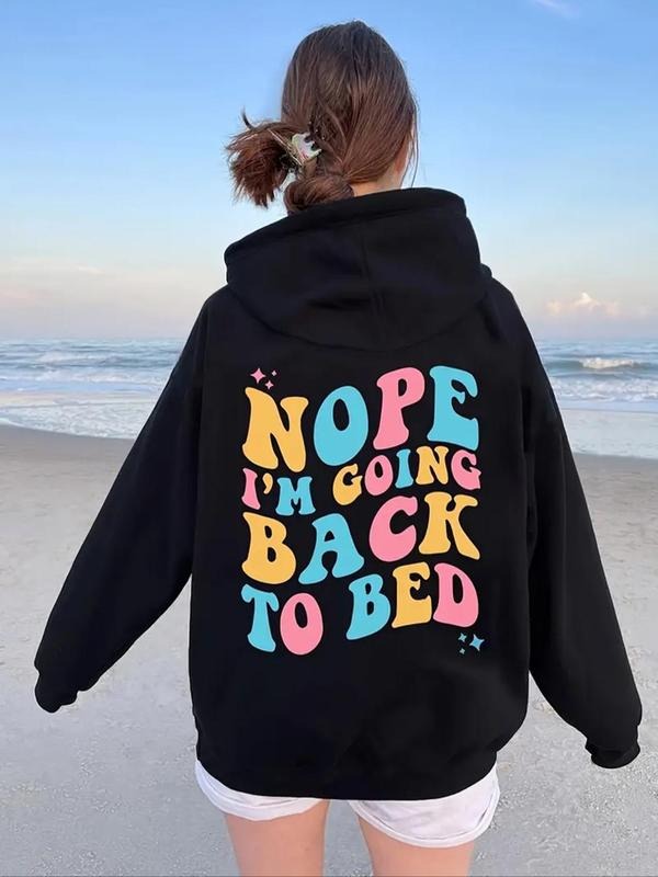 Women's Letter Print Drop Shoulder Hoodie, Fashion Casual Drawstring Pocket Hooded Sweatshirt for Daily Holiday Outdoor...