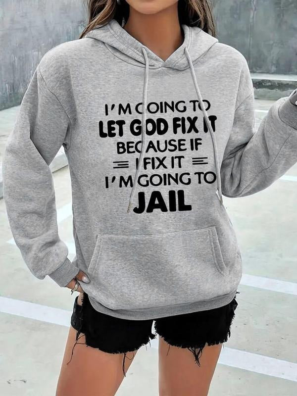 Women's Letter Print Drop Shoulder Hoodie, Fashion Casual Drawstring Pocket Hooded Sweatshirt for Daily Holiday Outdoor...