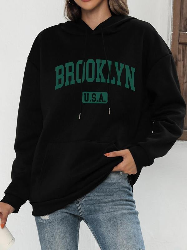 Women's Letter Print Drop Shoulder Hoodie, Fashion Casual Drawstring Pocket Hooded Sweatshirt for Daily Holiday Outdoor...