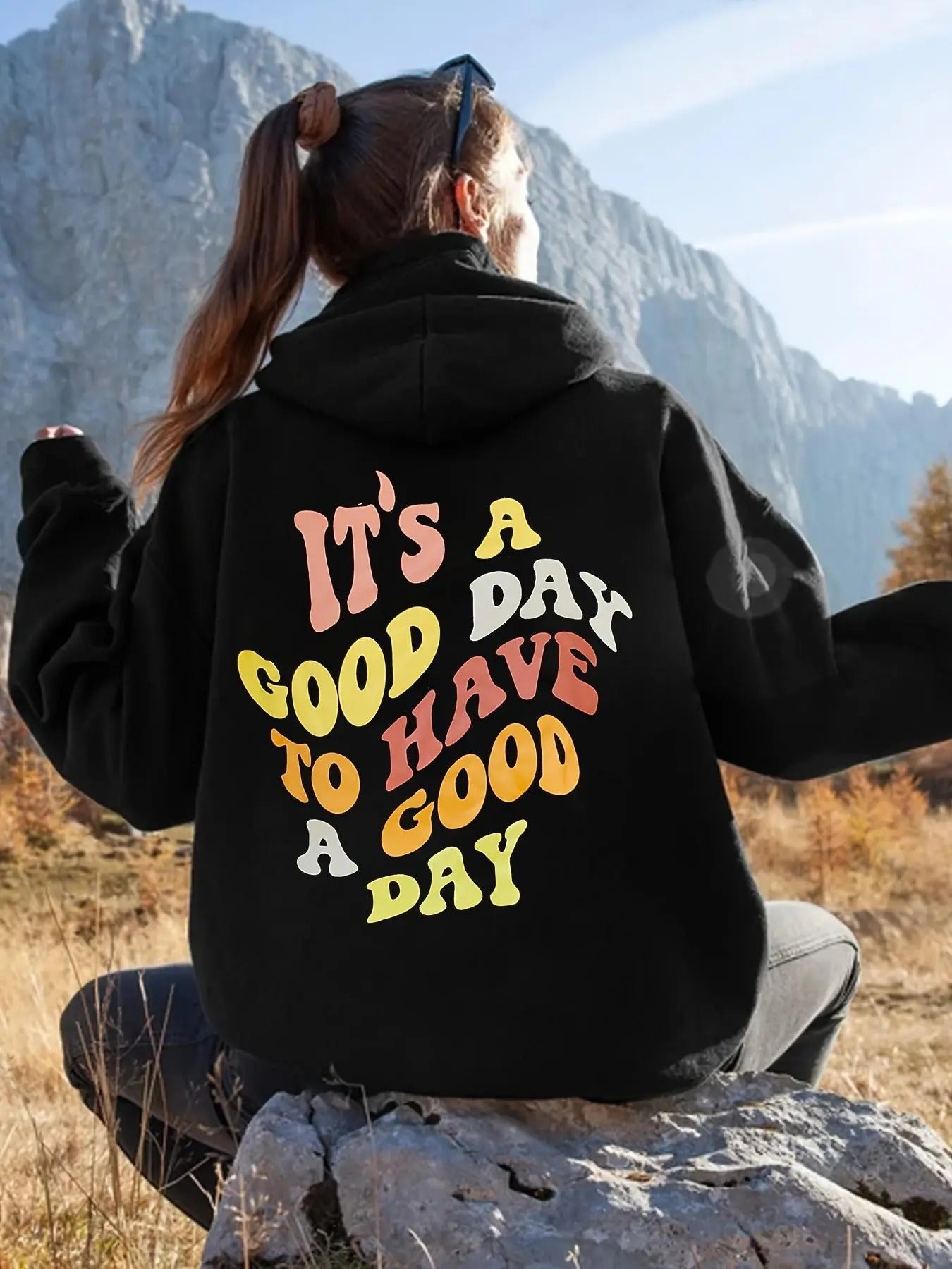Women's Letter Print Drop Shoulder Hoodie, Fashion Casual Pocket Hooded Sweatshirt for Daily Holiday Outdoor Wear, Women...