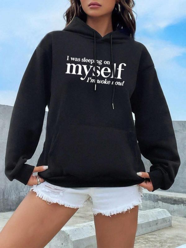 Women's Letter Print Drop Shoulder Hoodie, Fashion Drawstring Pocket Hooded Sweatshirt for Daily Holiday Outdoor Wear,...
