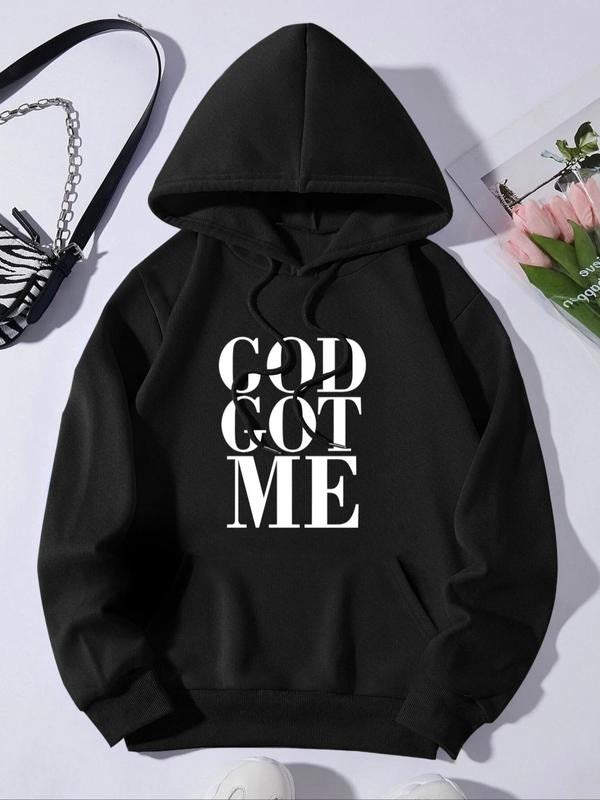 Women's Letter Print Drop Shoulder Long Sleeve Hoodie, Casual Drawstring Pocket Hooded Sweatshirt for Fall & Winter T-Shirts