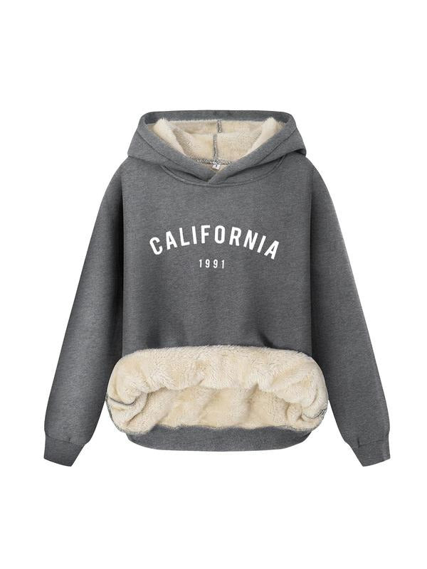 Women's Letter Print Drop Shoulder Plush Hoodie, Fashion Casual Hooded Sweatshirt for Daily Holiday Outdoor Wear, Women...