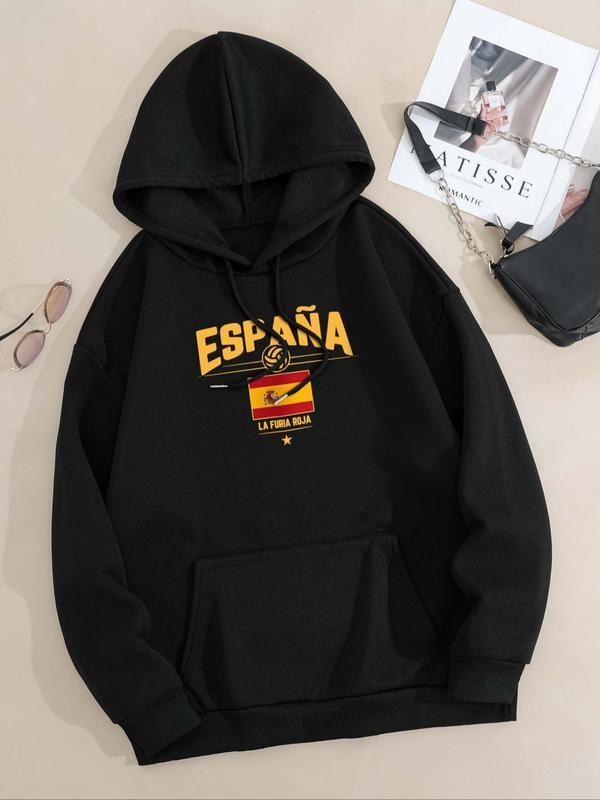 Women's Letter Print Drop Shoulder Pocket Hoodie, Fashion Casual Drawstring Hooded Sweatshirt for Daily Holiday Outdoor...