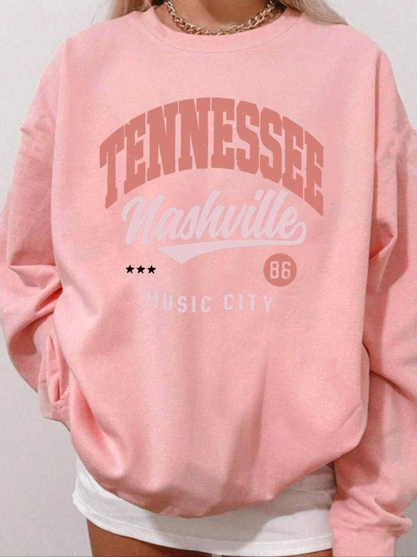 Women's Letter Print Drop Shoulder Pullover, Casual Long Sleeve Crew Neck Sweatshirt for Fall & Winter, Fashion Ladies'...