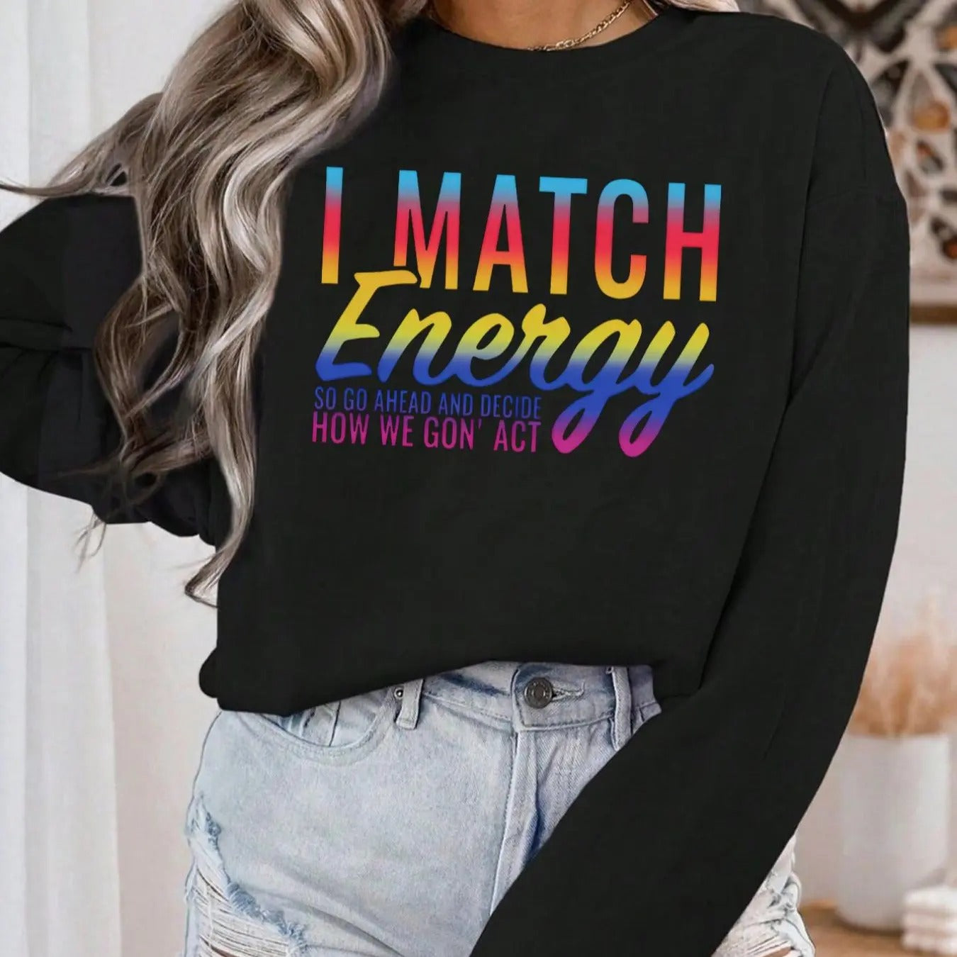 Women's Letter Print Drop Shoulder Pullover, Fashion Casual Crew Neck Sweatshirt for Daily Holiday Outdoor Wear, Women...