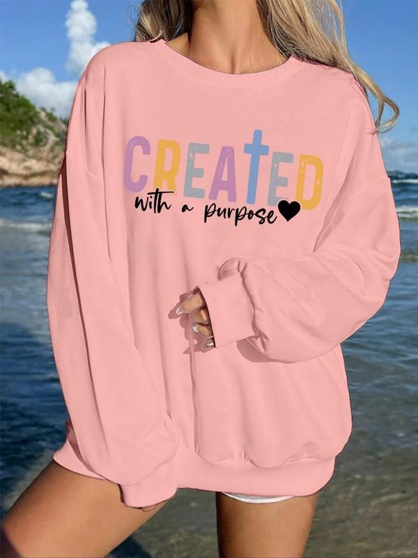 Women's Letter Print Drop Shoulder Pullover, Fashion Casual Crew Neck Sweatshirt for Daily Holiday Outdoor Wear, Women...
