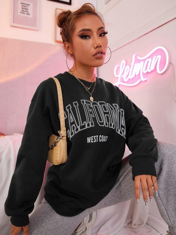 Letter Print Drop Shoulder Without Necklace Casual Long Sleeve Round Neck Fall & Winter Clothes Daily T-Shirts, Hoodie, Sweatshirt