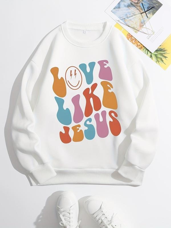 Women's Letter Print Drop Shoulder Sweatshirt, Casual Long Sleeve Round Neck Pullover For Fall & Winter, Women's Clothes...