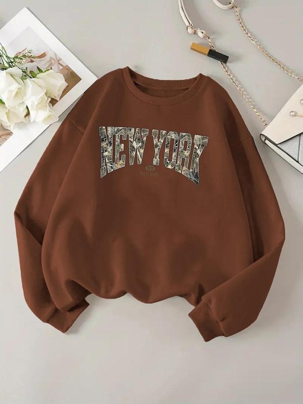 Women's Letter Print Drop Shoulder Sweatshirt, Casual Long Sleeve Round Neck Pullover for Daily Wear, Ladies Clothes for...