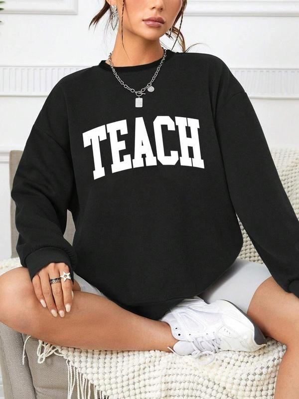 Women's Letter Print Drop Shoulder Sweatshirt, Casual Long Sleeve Round Neck Pullover for Spring & Fall, Ladies Clothes...