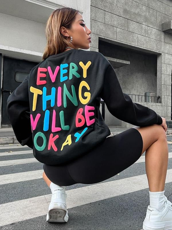 Women's Letter Print Drop Shoulder Sweatshirt, Fashion Casual Crew Neck Long Sleeve Pullover For Daily Wear, Ladies Fall...
