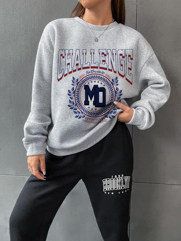 Women's Letter Print Drop Shoulder Sweatshirt, Fashion Street Casual Crew Neck Long Sleeve Pullover For Daily Holiday...