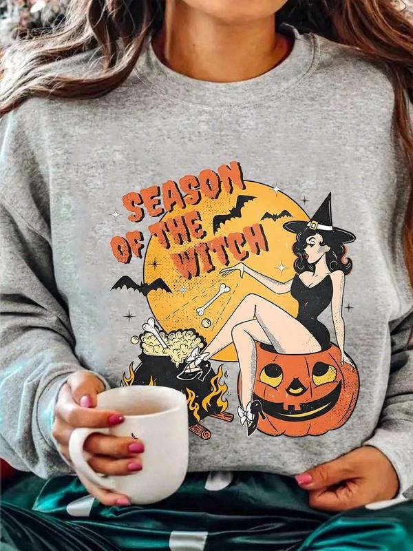 Women's Letter Print Drop Shoulder Sweatshirt, Halloween Theme Casual Long Sleeve Round Neck Pullover for Daily Wear,...