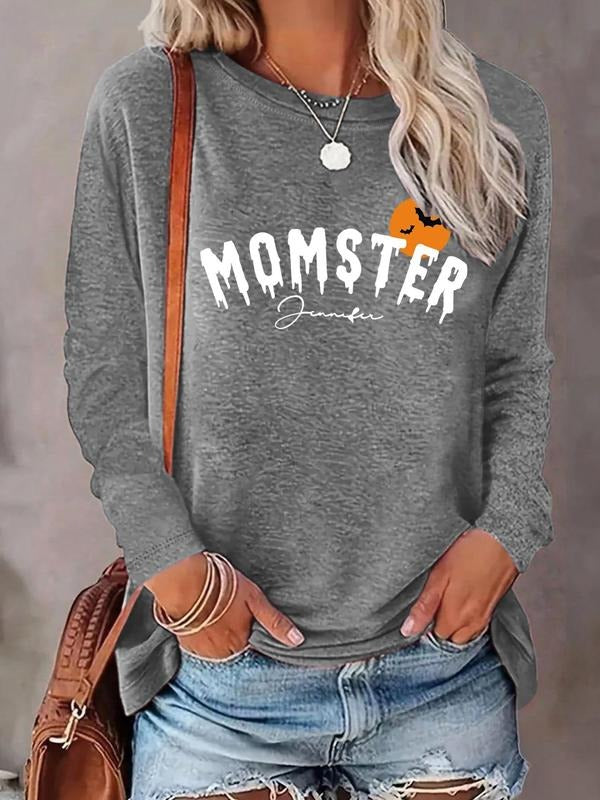 Women's Letter Print Drop Shoulder T-shirt, Casual Long Sleeve Round Neck T-shirt for Daily Wear, Ladies Clothes for All...