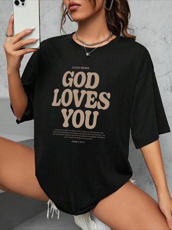 Women's Letter Print Drop Shoulder Tee, Casual Half Sleeve Round Neck T-Shirt for Fall & Winter, Women's Top for Daily...