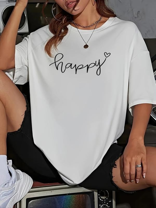 Women's Letter Print Drop Shoulder Tee, Casual Half Sleeve Round Neck T-Shirt for Summer, Fashion Women's Top for Daily...