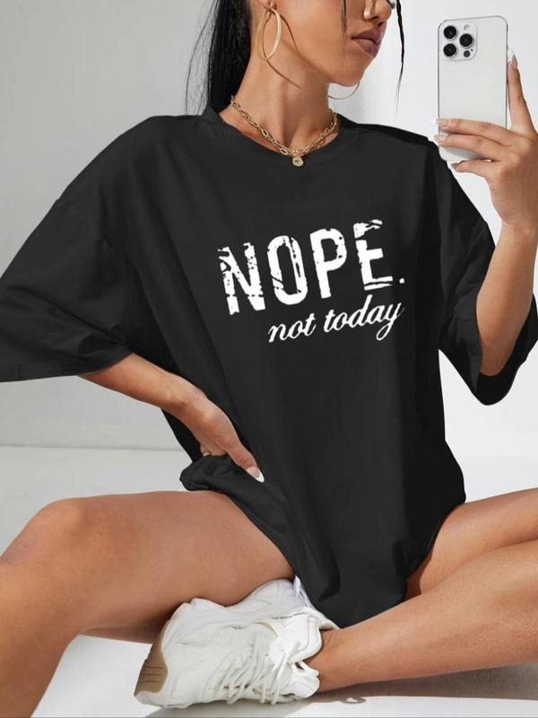 Women's Letter Print Drop Shoulder Tee, Casual Half Sleeve Round Neck T-Shirt for Summer, Fashion Women's Top for Daily...