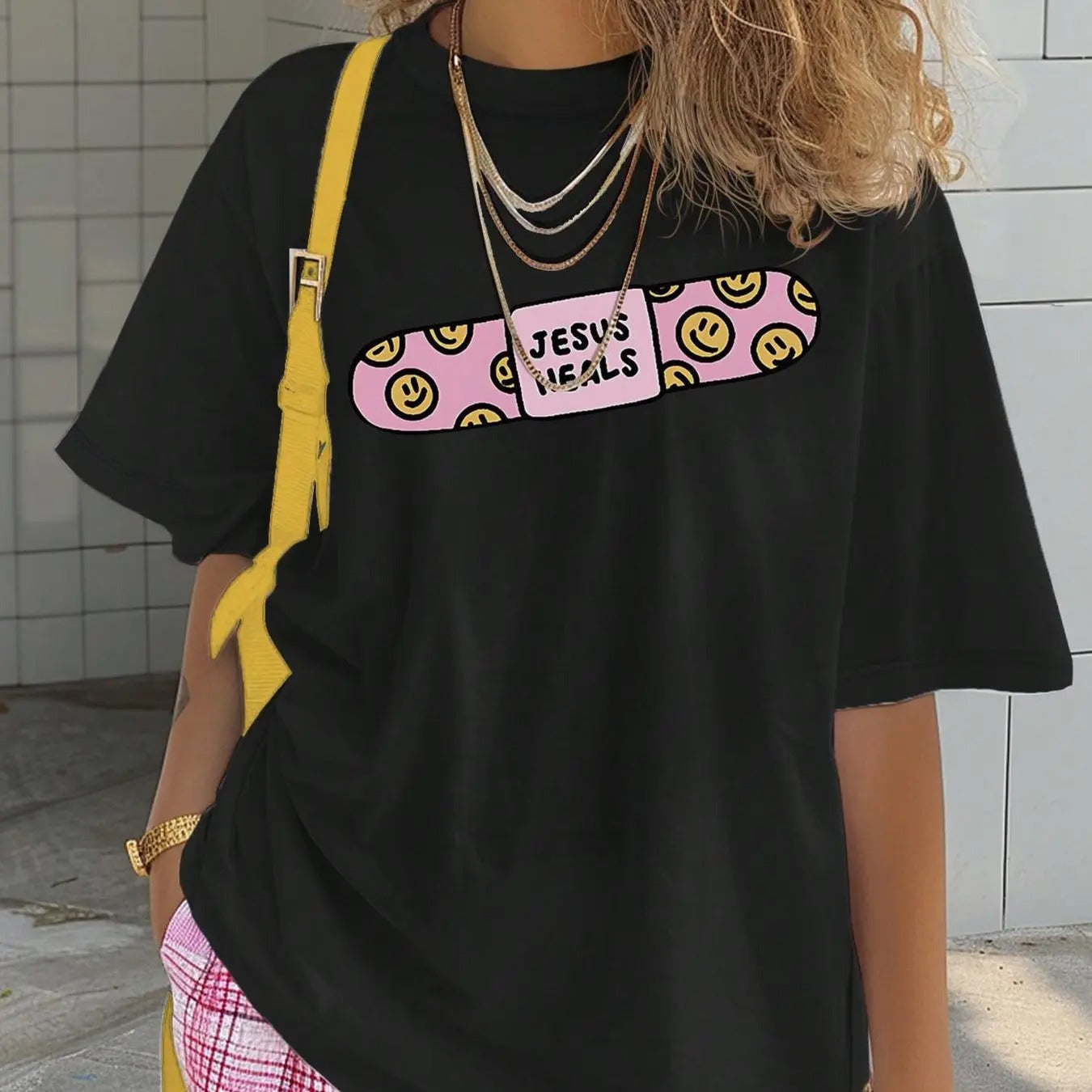Women's Letter Print Drop Shoulder Tee, Casual Half Sleeve Round Neck T-Shirt for Summer, Fashion Women's Top for Daily...