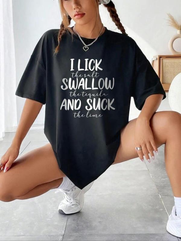 Women's Letter Print Drop Shoulder Tee, Casual Half Sleeve Round Neck T-shirt for Summer, Fashion Women's Top for Daily...