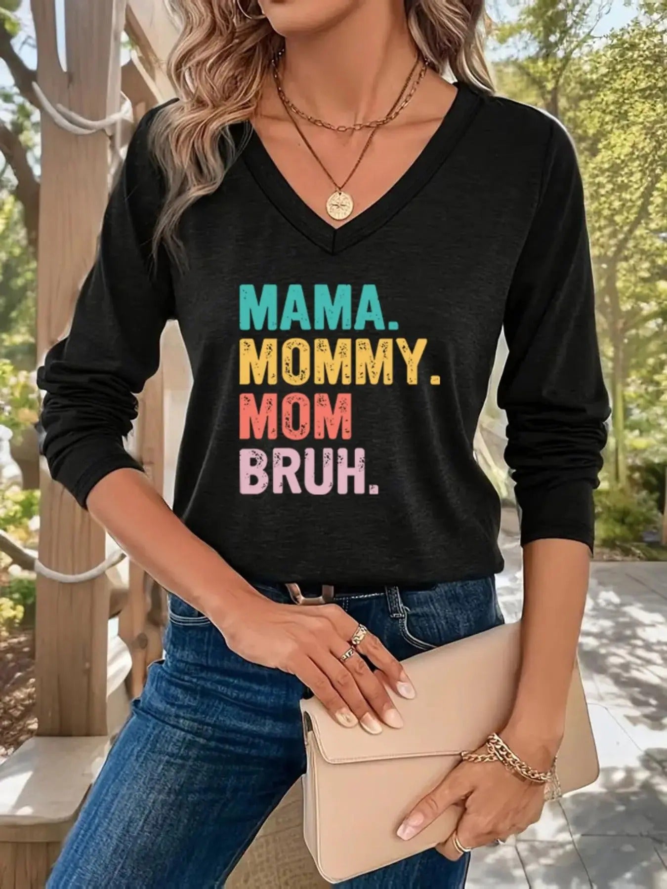 Women's Letter Print Drop Shoulder Tee, Casual Long Sleeve V Neck T-Shirt for Fall & Winter, Women's Top for Daily Wear...