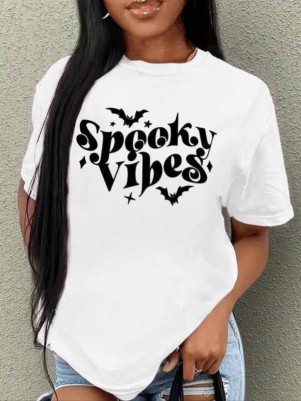 Women's Letter Print Drop Shoulder Tee, Casual Short Sleeve Round Neck T-shirt for Summer, Women's Top for Daily Wear...
