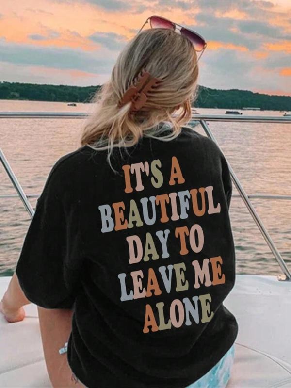 Women's Letter Print Drop Shoulder Tee, Casual Streetwear Half Sleeve Round Neck T-shirt for Summer, Ladies Clothes for...