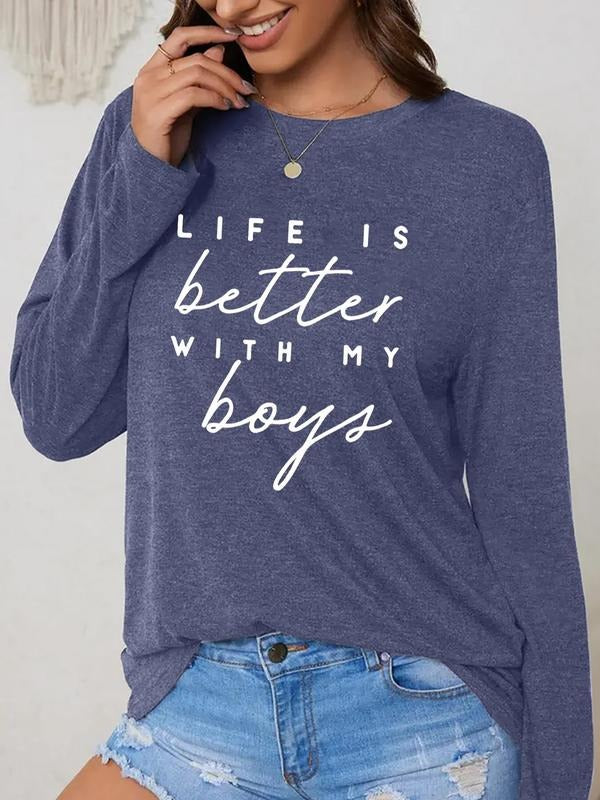 Women's Letter Print Drop Shoulder Tee, Trendy Casual Long Sleeve Round Neck T-Shirt for Daily Wear, Ladies Clothes for...