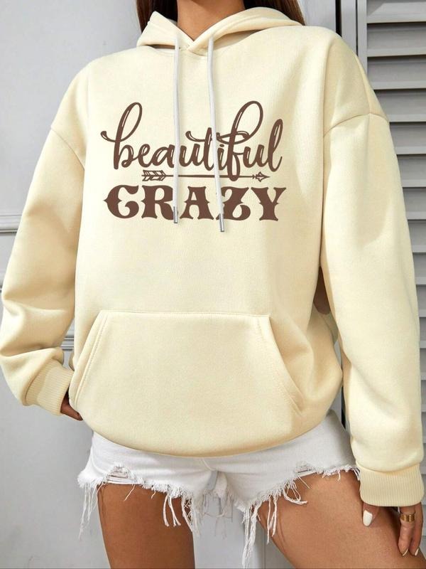 Women's Letter Print Drop Shoulder Thermal Lined Hoodie, Fashion Casual Drawstring Pocket Hooded Sweatshirt for Daily...