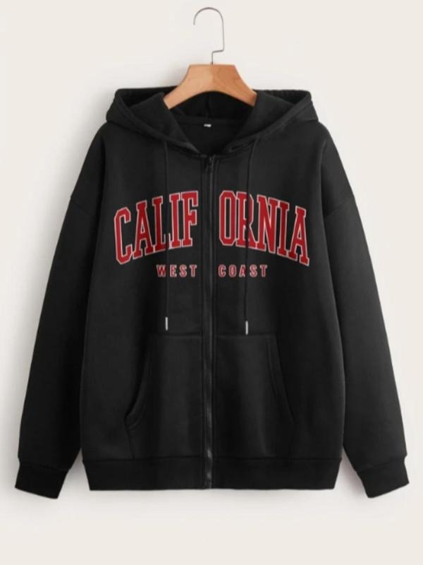 Women's Letter Print Drop Shoulder Zip Up Hoodie, Fashion Casual Drawstring Pocket Hooded Sweatshirt for Daily Holiday...