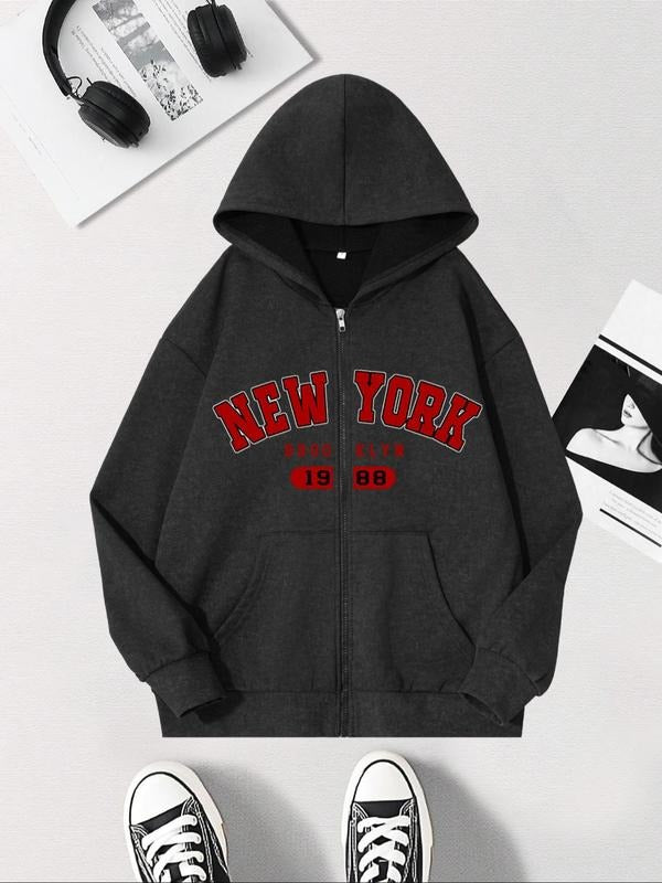 Women's Letter Print Drop Shoulder Zip Up Hoodie, Fashion Casual Pocket Hooded Sweatshirt for Daily Holiday Outdoor Wear,...