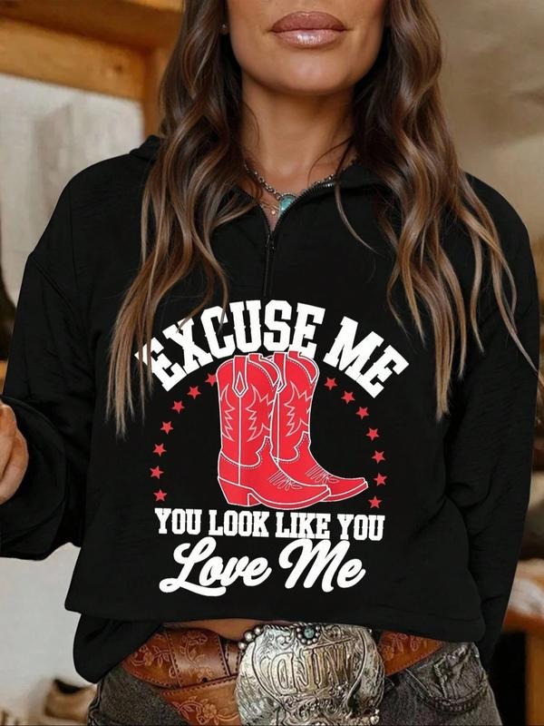 Women's Letter Print Half-Zip Hoodie, Casual Fashion Pullover Sweatshirt, Comfortable & Stylish, Easy to Pair, Must-Have...