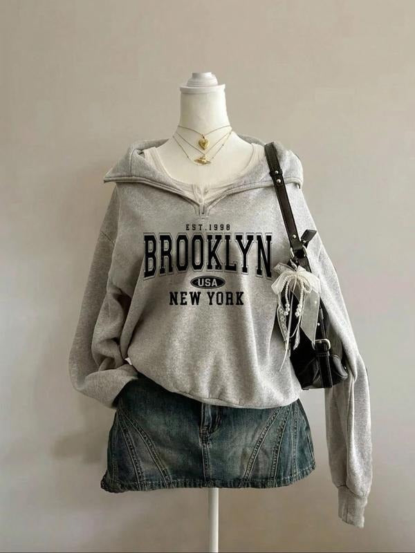 Women's Letter Print Half-Zip Hoodie, Casual Fashion Pullover Sweatshirt, Comfortable & Stylish, Easy to Pair, Must-Have...