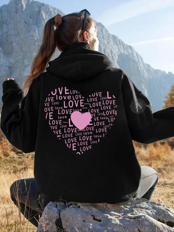 Women's Letter Print Heart Print Hoodie, Casual Long Sleeve Drawstring Pocket Hooded Sweatshirt for Fall & Winter,...