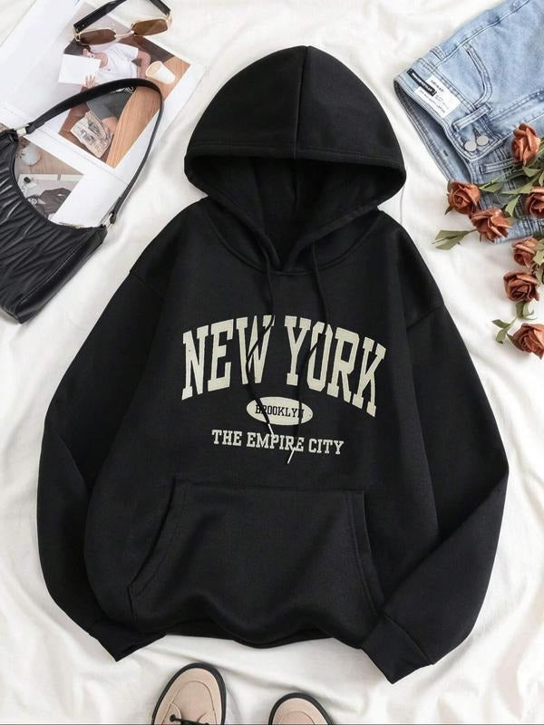 Women's Letter Print Hooded Drawstring Sweatshirt, Casual Fashion Long Sleeve Pullover, Comfortable & Stylish, Perfect...
