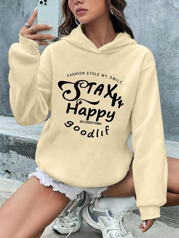 Women's Letter Print Hoodie, Casual Drop Shoulder Long Sleeve Hooded Sweatshirt, Ladies Fall & Winter Clothes for Daily...