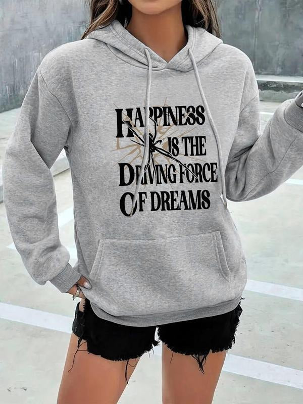 Women's Letter Print Kangaroo Pocket Drop Shoulder Hoodie, Fashion Casual Drawstring Hooded Sweatshirt for Daily Outdoor...